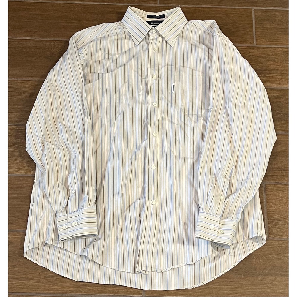 Faconnable Mens Striped Button Down Shirt Tan Blue White Long Sleeve Size L 17